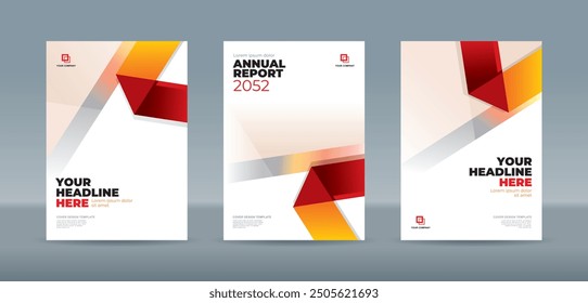 Modern folding ribbon theme book cover template in red, orange, white color. A4 size book cover template for annual report, magazine, booklet, proposal, portfolio, brochure, poster