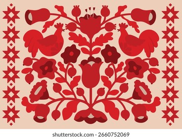 Afiche de Vector abstracto popular moderno. Folk florales y animales. Cartel de estilo folk rojo