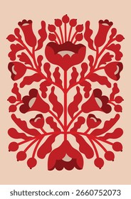 Cartaz de vetor abstrato popular moderno. Florais e animais de gente. Cartaz estilo folk vermelho