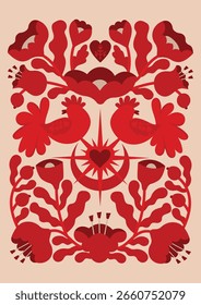 Modern folk abstract vector poster. Folk florals and animals. Red folk style poster
