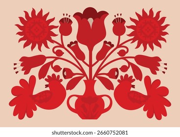 Cartaz de vetor abstrato popular moderno. Florais e animais de gente. Cartaz estilo folk vermelho