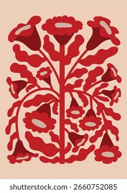Cartaz de vetor abstrato popular moderno. Florais e animais de gente. Cartaz estilo folk vermelho