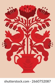 Cartaz de vetor abstrato popular moderno. Florais e animais de gente. Cartaz estilo folk vermelho