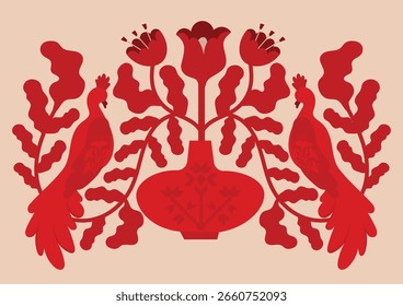 Cartaz de vetor abstrato popular moderno. Florais e animais de gente. Cartaz estilo folk vermelho