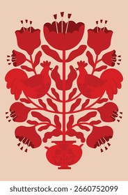 Cartaz de vetor abstrato popular moderno. Florais e animais de gente. Cartaz estilo folk vermelho