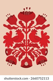 Afiche de Vector abstracto popular moderno. Folk florales y animales. Cartel de estilo folk rojo