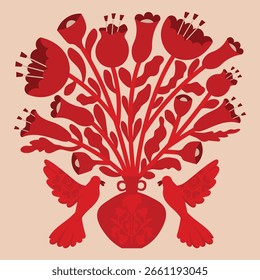 Cartaz de vetor abstrato popular moderno. Florais e animais de gente. Cartaz de vetor folclórico vermelho