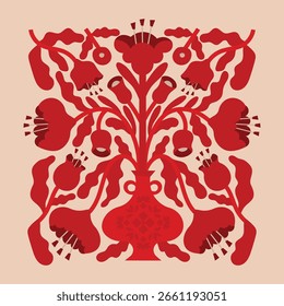 Cartaz de vetor abstrato popular moderno. Florais e animais de gente. Cartaz de vetor folclórico vermelho