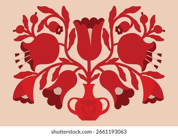 Afiche de Vector abstracto popular moderno. Folk florales y animales. Afiche de Vector popular rojo