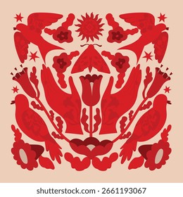 Cartaz de vetor abstrato popular moderno. Florais e animais de gente. Cartaz de vetor folclórico vermelho