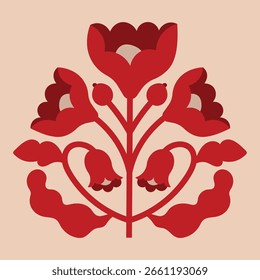 Cartaz de vetor abstrato popular moderno. Florais e animais de gente. Cartaz de vetor folclórico vermelho