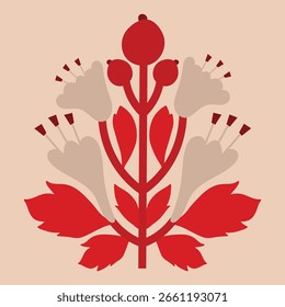 Cartaz de vetor abstrato popular moderno. Florais e animais de gente. Cartaz de vetor folclórico vermelho