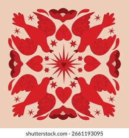 Cartaz de vetor abstrato popular moderno. Florais e animais de gente. Cartaz de vetor folclórico vermelho