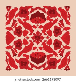 Cartaz de vetor abstrato popular moderno. Florais e animais de gente. Cartaz de vetor folclórico vermelho