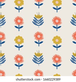 Modern folk boho flowers in Scandinavian style. Floral Slovak plant seamless pattern. Swedish folklore drawing, Nordic wildflower concept. Vector EPS clip art design