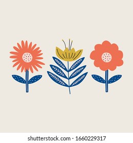 Modern folk boho single isolated flowers in Scandinavian style. Floral Slovak plant cutout collage decor elements. Swedish folklore drawing, Nordic wildflower concept. Vector EPS clip art design