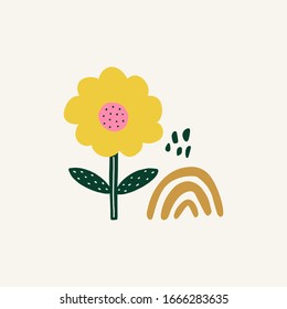 Modern folk boho single isolated flower in Scandinavian style. Floral Slovak plant cutout collage decor element. Swedish folklore drawing, Nordic wildflower concept. Vector EPS clip art design