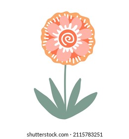 El folk moderno tiene una sola flor aislada al estilo escandinavo. Decoración de corte de plantas de margarita floral. Dibujo folclórico sueco, concepto de flor silvestre nórdica. Ilustración vectorial aislada en blanco.