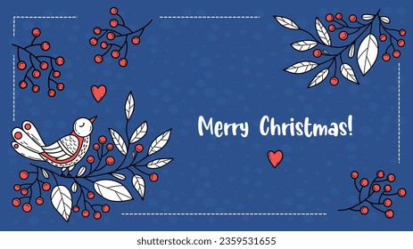 Modern folk Christmas banner template with bird on branch with berries on blue background. Vector horizontal holiday illustration for Xmas and New Year decoration