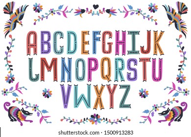 Modern folk otomi font alphabet. Handwritten font letters. Hand lettering font for your design: logo, slogan, decor postcard, greeting, motivation quotes, positive message