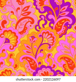 Modern folk psychedelic seamless pattern. Retro Asian ethnic ornament. Vintage Indian vector background. Hippie 70s styled groovy textile print. Floral motifs