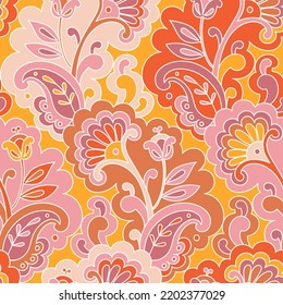 Modern folk psychedelic seamless pattern. Retro Asian ethnic ornament. Vintage Indian vector background. Hippie 70s styled groovy textile print. Floral motifs