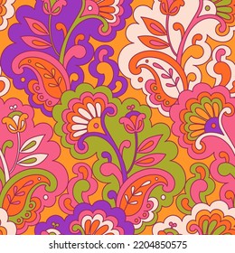 Modern folk psychedelic seamless pattern. Retro Asian ethnic ornament. Vintage Indian vector background. Hippie 70s styled groovy textile print. Floral motifs