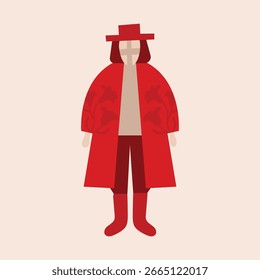 Ilustración de personas ornamentales de Vector de estilo popular moderno. Ilustración de personas de estilo folk rojo. Ilustración de traje tradicional. Retrato de Vector de estilo popular moderno. Clipart moderno del carácter de Folk