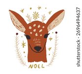 Modern folk tribal boho patterned girl face Norwegian reindeer without horns north animal in Scandinavian style. Floral Slovak ornamental engraving baby deer collage vibe Noel lettering editable