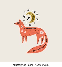 Modern folk tribal boho patterned animal in Scandinavian style. Floral Slovak ornament, inspired by northern mythology and fairy tales. Swedish folklore drawing, Nordic flowers pattern. Woodland