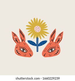 Modern folk tribal boho patterned animals in Scandinavian style. Floral Slovak ornament, inspired by northern mythology and fairy tales. Swedish folklore drawing, Nordic flowers pattern. Woodland