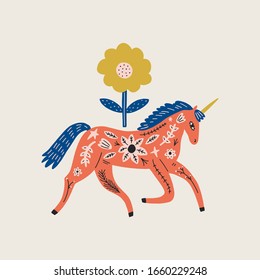 Modern folk tribal boho patterned animal in Scandinavian style. Floral Slovak ornament, inspired by northern mythology and fairy tales. Swedish folklore drawing, Nordic flowers pattern. Woodland