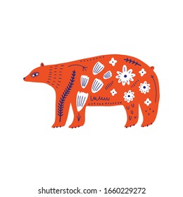 Modern folk tribal boho patterned animal in Scandinavian style. Floral Slovak ornament, inspired by northern mythology and fairy tales. Swedish folklore drawing, Nordic flowers pattern. Woodland