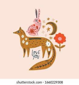 Modern folk tribal boho patterned animals in Scandinavian style. Floral Slovak ornament, inspired by northern mythology and fairy tales. Swedish folklore drawing, Nordic flowers pattern. Woodland