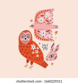 Modern folk tribal boho patterned animals in Scandinavian style. Floral Slovak ornament, inspired by northern mythology and fairy tales. Swedish folklore drawing, Nordic flowers. Woodland characters
