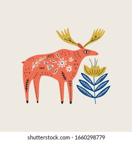 Modern folk tribal boho patterned animal in Scandinavian style. Floral Slovak ornament, inspired by northern mythology and fairy tales. Swedish folklore drawing, Nordic flowers pattern. Woodland