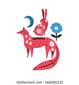 Modern folk tribal boho patterned animals in Scandinavian style. Floral Slovak ornament, inspired by northern mythology and fairy tales. Swedish folklore drawing, Nordic flowers pattern. Woodland