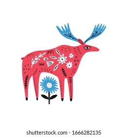 Modern folk tribal boho patterned animal in Scandinavian style. Floral Slovak ornament, inspired by northern mythology and fairy tales. Swedish folklore drawing, Nordic flowers pattern. Woodland