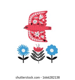 Modern folk tribal boho patterned animal in Scandinavian style. Floral Slovak ornament, inspired by northern mythology and fairy tales. Swedish folklore drawing, Nordic flowers pattern. Woodland