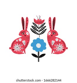 Modern folk tribal boho patterned animals in Scandinavian style. Floral Slovak ornament, inspired by northern mythology and fairy tales. Swedish folklore drawing, Nordic flowers pattern. Woodland