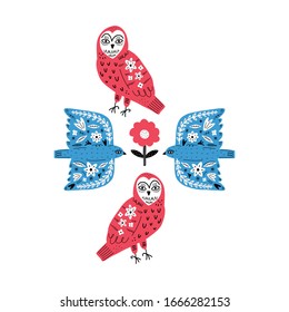 Modern folk tribal boho patterned animals in Scandinavian style. Floral Slovak ornament, inspired by northern mythology and fairy tales. Swedish folklore drawing, Nordic flowers. Woodland characters