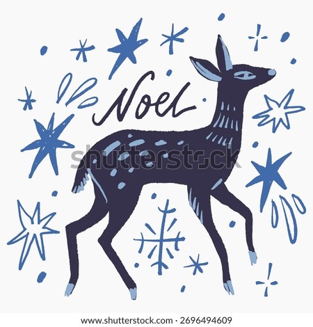 Modern folk tribal boho patterned girl Norwegian reindeer without horns north animal in Scandinavian style. Floral Slovak ornamental engraving baby deer collage vibe, Noel lettering editable elements