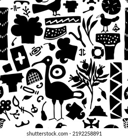 Modern folklore black pattern. Hand drawn abstract contemporary illustration with birds, columns, flowers. Vector