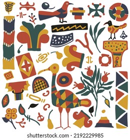 Modern folklore colorful set. Hand drawn abstract contemporary illustration with birds, columns, flowers. Vector