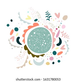 Modern folklore design illustration. Arty colorful vector ornament. Hand drawn floral decor. Statement motif, quirky pattern of moon, heart, leaves, plant, flower. For greeting card, art print, poster