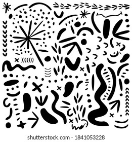 Modern folklore natural floral symbol brush strokes round shapes decor. Cute art illustration set of unique calligraphic hand drawn design elements star curve flower. Black and white vector ornament.