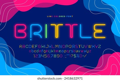 Modern font, abstract neon line type, round typeface, english alphabet. Vector glowing abc letters, digits and punctuation marks. Blue, pink, green and orange glow uppercase fluorescent characters