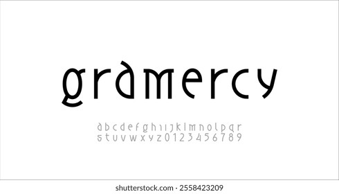 Modern font alphabet made old style, lowercase trendy black letters from A to Z and numbers from 0 to 9, vector illustration 10EPS.