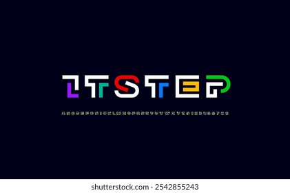 Alfabeto de fonte moderno de linha de segmento multicolorido, letras de estilo de tecnologia mínima, e números, ilustração vetorial 10EPS.