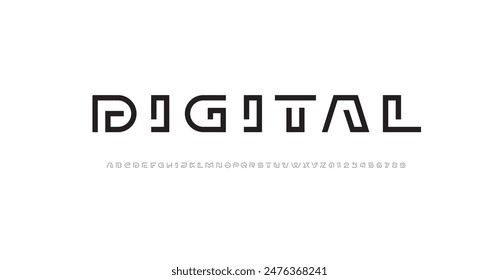 Alfabeto tipográfico moderno de línea de segmento, letras de estilo de tecnología mínima y números, Ilustración vectorial 10EPS